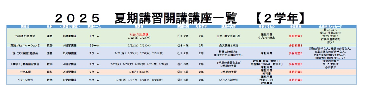 2025夏季講習一覧　2学年